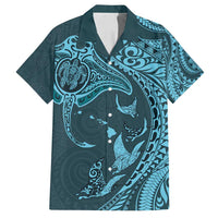 Hawaiian Manta Ray and Polynesian Tribal Tattoo Family Matching Long Sleeve Bodycon Dress and Hawaiian Shirt Turquoise Color LT03 Dad's Shirt - Short Sleeve Turquoise - Polynesian Pride