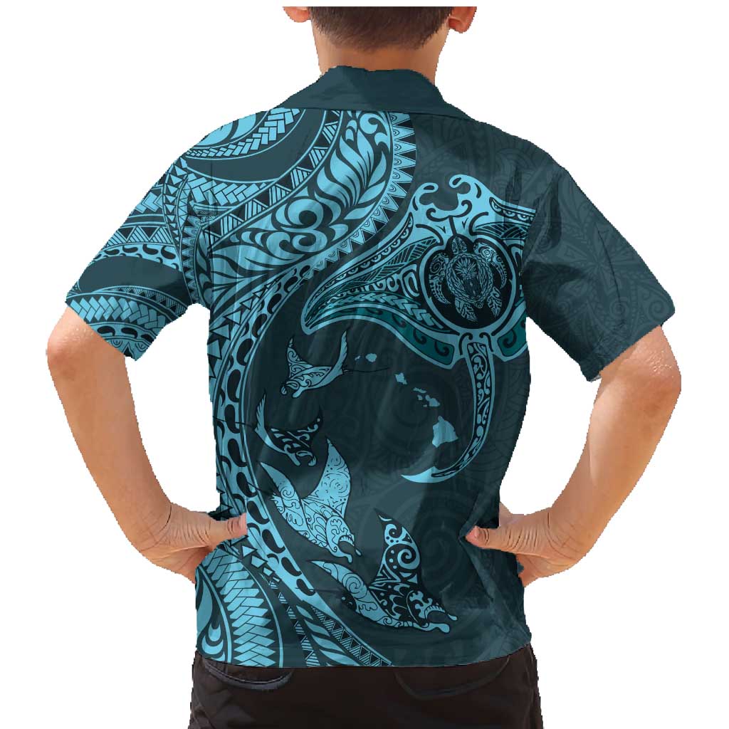 Hawaiian Manta Ray and Polynesian Tribal Tattoo Family Matching Mermaid Dress and Hawaiian Shirt Turquoise Color LT03 - Polynesian Pride