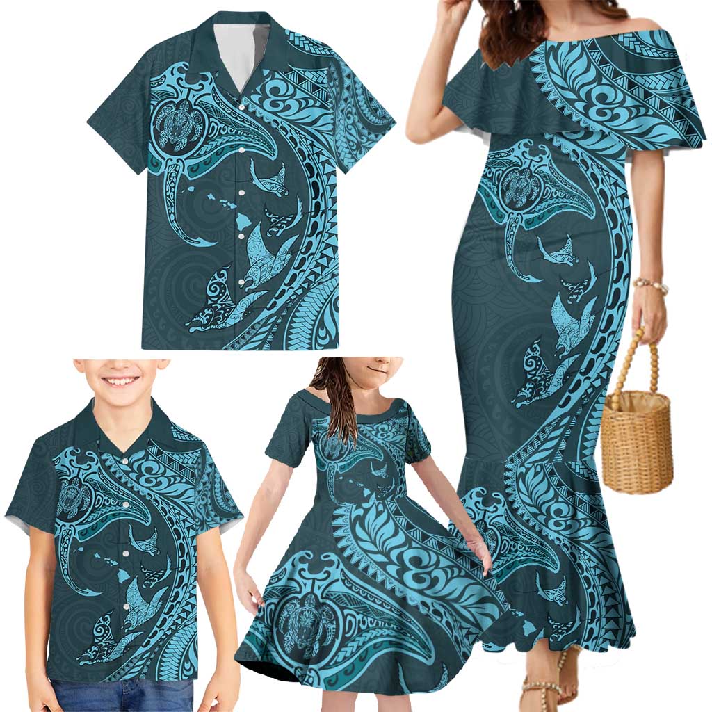 Hawaiian Manta Ray and Polynesian Tribal Tattoo Family Matching Mermaid Dress and Hawaiian Shirt Turquoise Color LT03 - Polynesian Pride