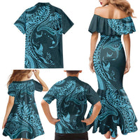 Hawaiian Manta Ray and Polynesian Tribal Tattoo Family Matching Mermaid Dress and Hawaiian Shirt Turquoise Color LT03 - Polynesian Pride
