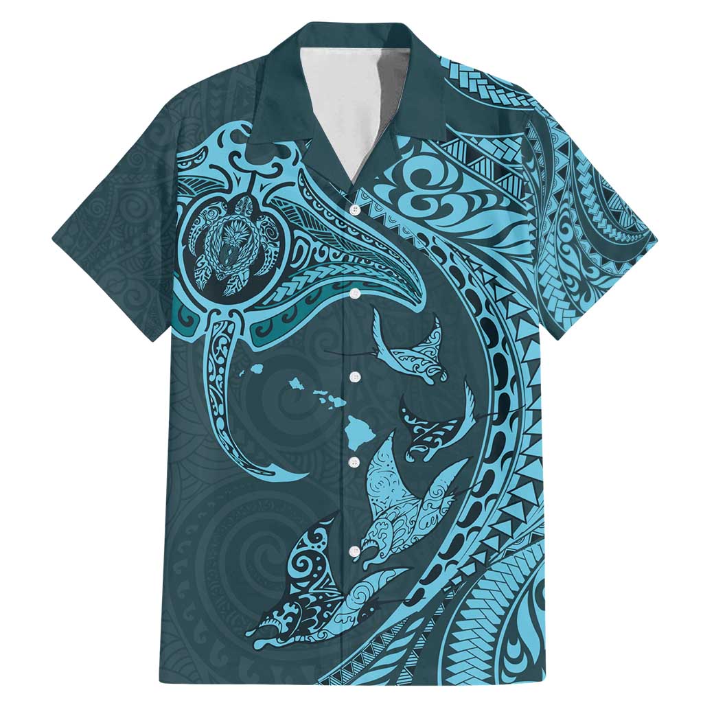 Hawaiian Manta Ray and Polynesian Tribal Tattoo Family Matching Mermaid Dress and Hawaiian Shirt Turquoise Color LT03 Dad's Shirt - Short Sleeve Turquoise - Polynesian Pride