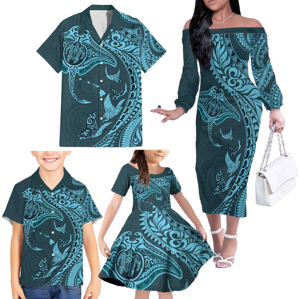 Hawaiian Manta Ray and Polynesian Tribal Tattoo Family Matching Off The Shoulder Long Sleeve Dress and Hawaiian Shirt Turquoise Color LT03 - Polynesian Pride