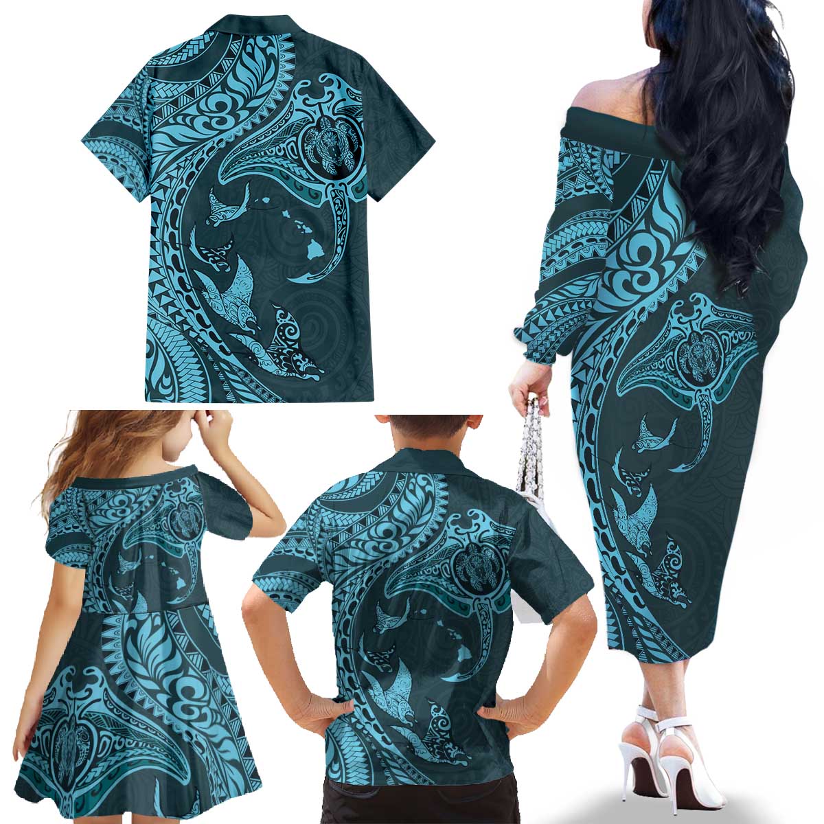 Hawaiian Manta Ray and Polynesian Tribal Tattoo Family Matching Off The Shoulder Long Sleeve Dress and Hawaiian Shirt Turquoise Color LT03 - Polynesian Pride