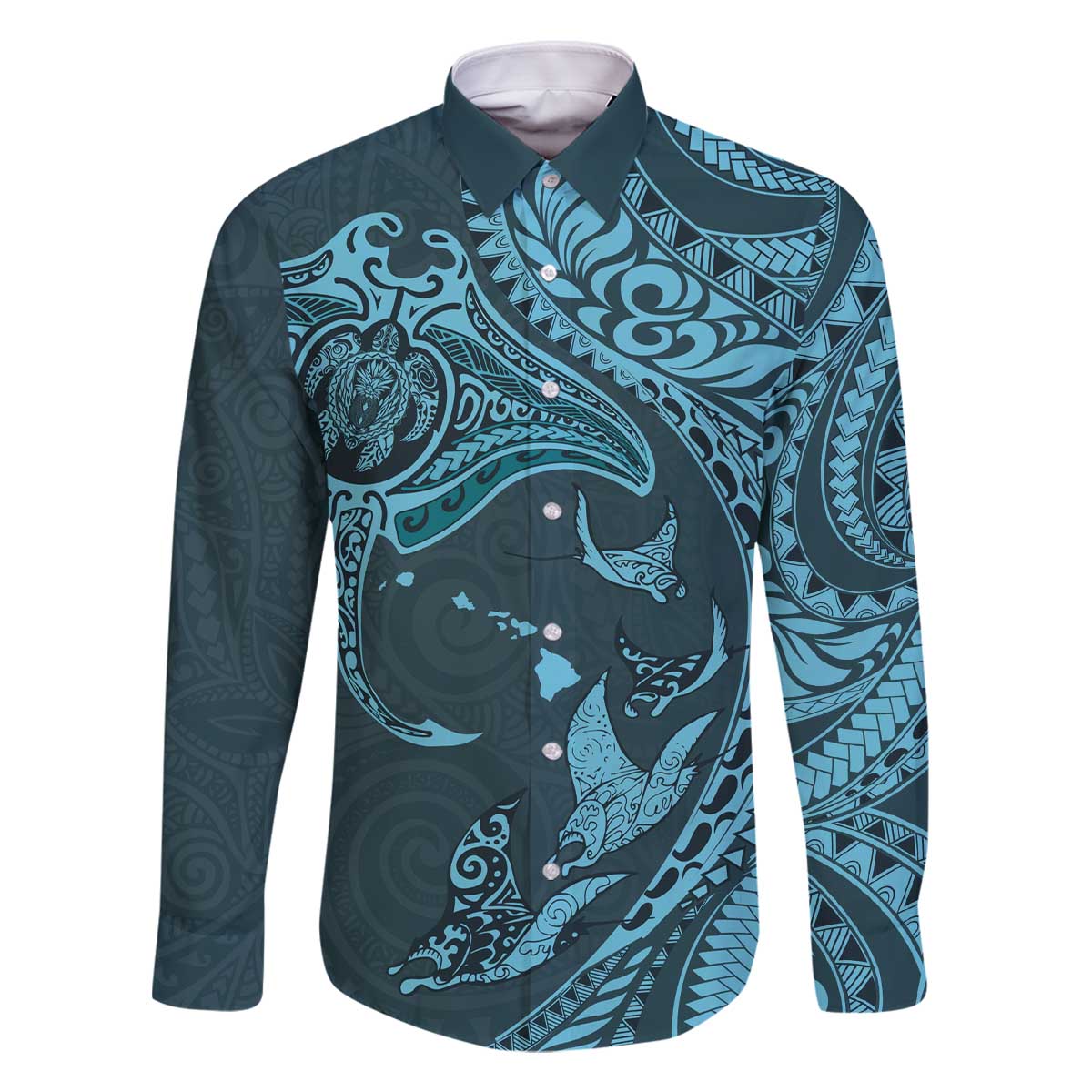 Hawaiian Manta Ray and Polynesian Tribal Tattoo Family Matching Off The Shoulder Long Sleeve Dress and Hawaiian Shirt Turquoise Color LT03 Dad's Shirt - Long Sleeve Turquoise - Polynesian Pride