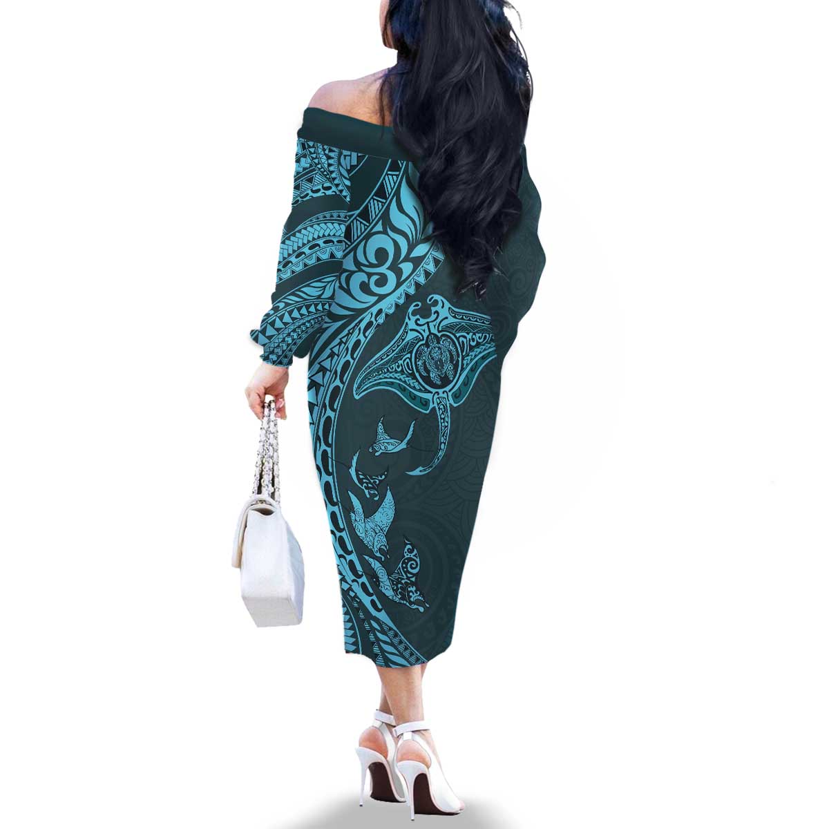 Hawaiian Manta Ray and Polynesian Tribal Tattoo Family Matching Off The Shoulder Long Sleeve Dress and Hawaiian Shirt Turquoise Color LT03 - Polynesian Pride
