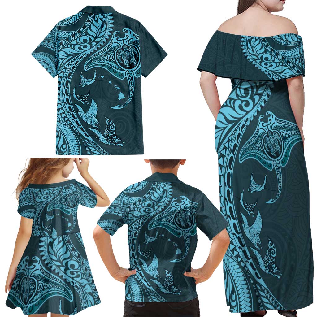 Hawaiian Manta Ray and Polynesian Tribal Tattoo Family Matching Off Shoulder Maxi Dress and Hawaiian Shirt Turquoise Color LT03 - Polynesian Pride