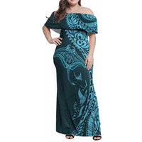 Hawaiian Manta Ray and Polynesian Tribal Tattoo Family Matching Off Shoulder Maxi Dress and Hawaiian Shirt Turquoise Color LT03 Mom's Dress Turquoise - Polynesian Pride