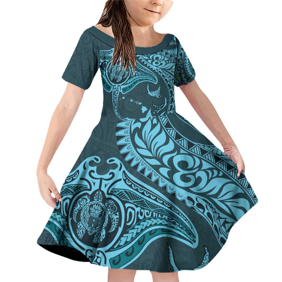 Hawaiian Manta Ray and Polynesian Tribal Tattoo Family Matching Off Shoulder Short Dress and Hawaiian Shirt Turquoise Color LT03 Daughter's Dress Turquoise - Polynesian Pride