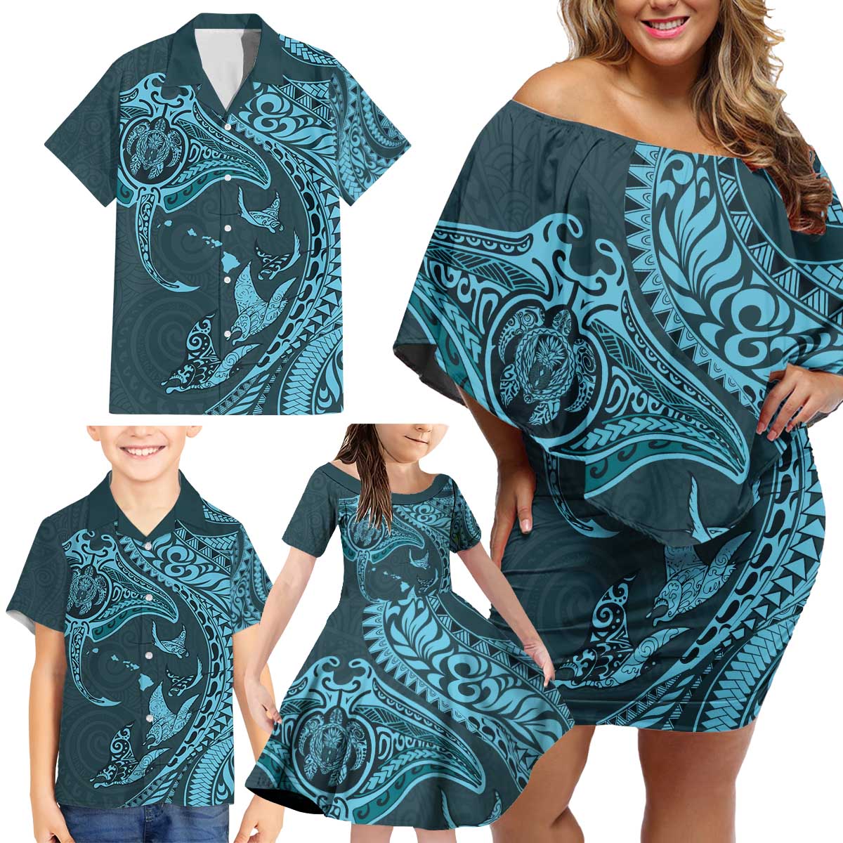 Hawaiian Manta Ray and Polynesian Tribal Tattoo Family Matching Off Shoulder Short Dress and Hawaiian Shirt Turquoise Color LT03 - Polynesian Pride