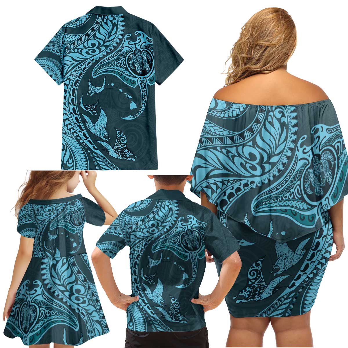 Hawaiian Manta Ray and Polynesian Tribal Tattoo Family Matching Off Shoulder Short Dress and Hawaiian Shirt Turquoise Color LT03 - Polynesian Pride