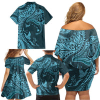 Hawaiian Manta Ray and Polynesian Tribal Tattoo Family Matching Off Shoulder Short Dress and Hawaiian Shirt Turquoise Color LT03 - Polynesian Pride