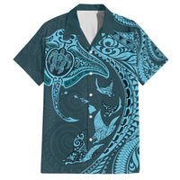 Hawaiian Manta Ray and Polynesian Tribal Tattoo Family Matching Off Shoulder Short Dress and Hawaiian Shirt Turquoise Color LT03 Dad's Shirt - Short Sleeve Turquoise - Polynesian Pride