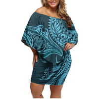 Hawaiian Manta Ray and Polynesian Tribal Tattoo Family Matching Off Shoulder Short Dress and Hawaiian Shirt Turquoise Color LT03 Mom's Dress Turquoise - Polynesian Pride