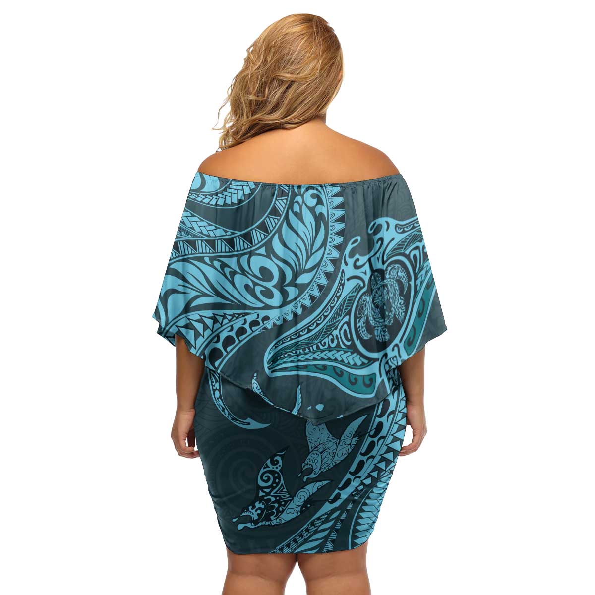 Hawaiian Manta Ray and Polynesian Tribal Tattoo Family Matching Off Shoulder Short Dress and Hawaiian Shirt Turquoise Color LT03 - Polynesian Pride