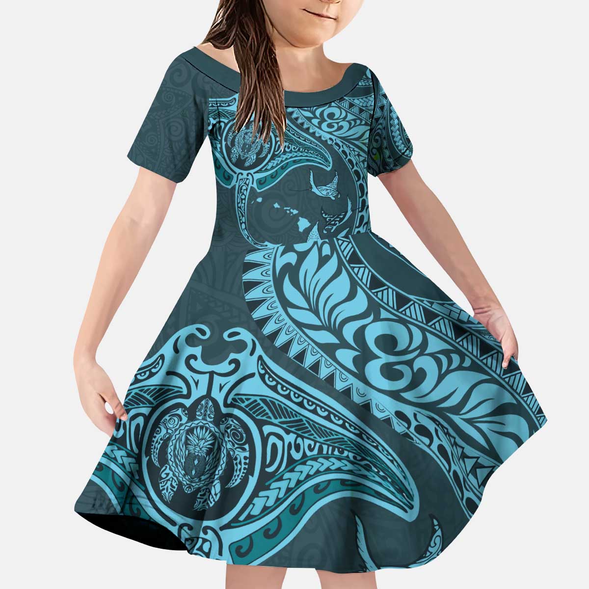 Hawaiian Manta Ray and Polynesian Tribal Tattoo Family Matching Puletasi and Hawaiian Shirt Turquoise Color LT03 Daughter's Dress Turquoise - Polynesian Pride