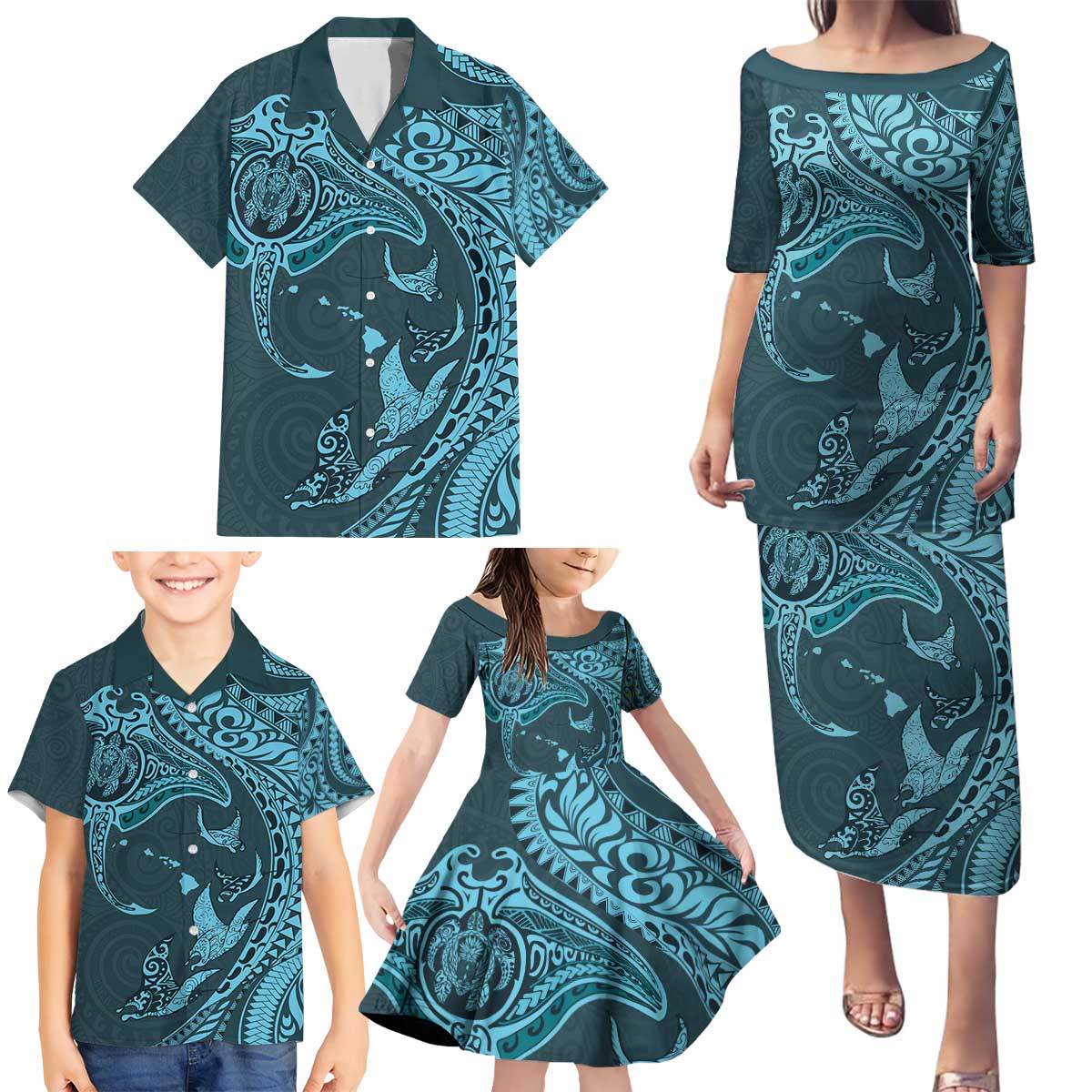 Hawaiian Manta Ray and Polynesian Tribal Tattoo Family Matching Puletasi and Hawaiian Shirt Turquoise Color LT03 - Polynesian Pride