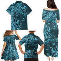 Hawaiian Manta Ray and Polynesian Tribal Tattoo Family Matching Puletasi and Hawaiian Shirt Turquoise Color LT03 - Polynesian Pride