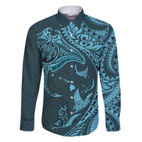 Hawaiian Manta Ray and Polynesian Tribal Tattoo Family Matching Puletasi and Hawaiian Shirt Turquoise Color LT03 Dad's Shirt - Long Sleeve Turquoise - Polynesian Pride