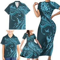 Hawaiian Manta Ray and Polynesian Tribal Tattoo Family Matching Short Sleeve Bodycon Dress and Hawaiian Shirt Turquoise Color LT03 - Polynesian Pride