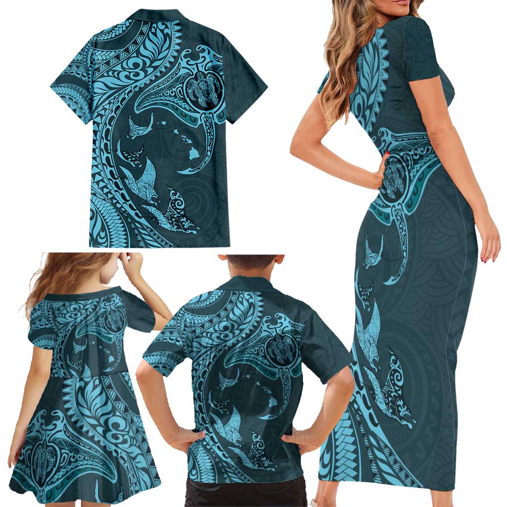 Hawaiian Manta Ray and Polynesian Tribal Tattoo Family Matching Short Sleeve Bodycon Dress and Hawaiian Shirt Turquoise Color LT03 - Polynesian Pride