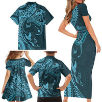 Hawaiian Manta Ray and Polynesian Tribal Tattoo Family Matching Short Sleeve Bodycon Dress and Hawaiian Shirt Turquoise Color LT03 - Polynesian Pride