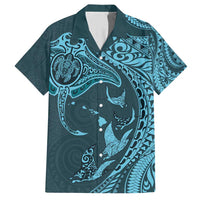 Hawaiian Manta Ray and Polynesian Tribal Tattoo Family Matching Short Sleeve Bodycon Dress and Hawaiian Shirt Turquoise Color LT03 Dad's Shirt - Short Sleeve Turquoise - Polynesian Pride