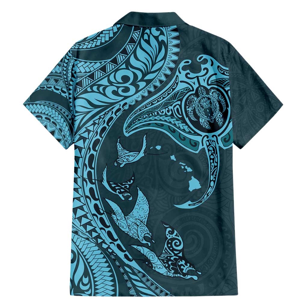 Hawaiian Manta Ray and Polynesian Tribal Tattoo Family Matching Short Sleeve Bodycon Dress and Hawaiian Shirt Turquoise Color LT03 - Polynesian Pride