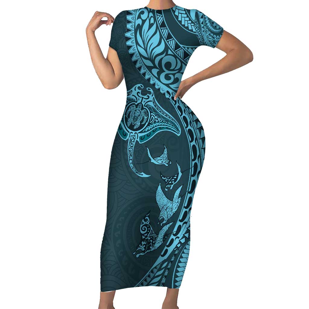 Hawaiian Manta Ray and Polynesian Tribal Tattoo Family Matching Short Sleeve Bodycon Dress and Hawaiian Shirt Turquoise Color LT03 Mom's Dress Turquoise - Polynesian Pride