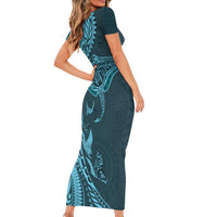 Hawaiian Manta Ray and Polynesian Tribal Tattoo Family Matching Short Sleeve Bodycon Dress and Hawaiian Shirt Turquoise Color LT03 - Polynesian Pride