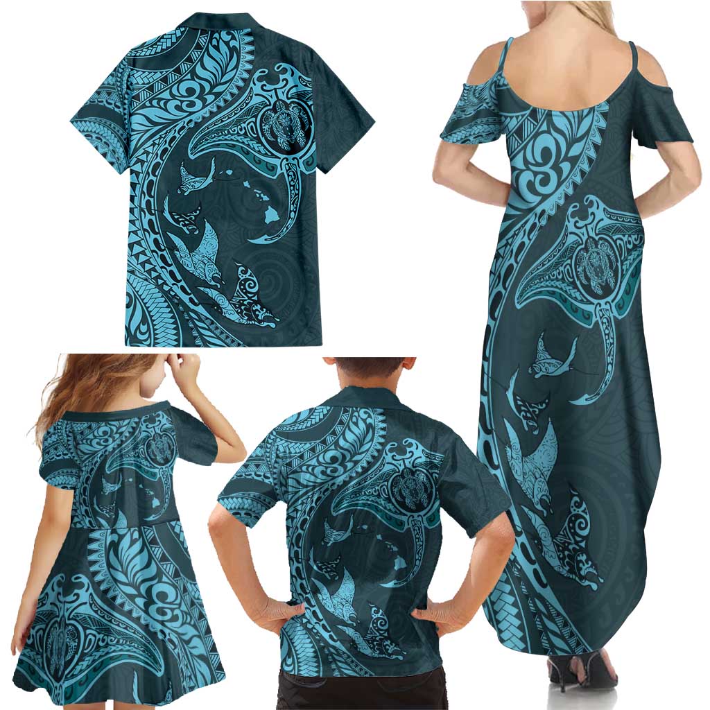 Hawaiian Manta Ray and Polynesian Tribal Tattoo Family Matching Summer Maxi Dress and Hawaiian Shirt Turquoise Color LT03 - Polynesian Pride