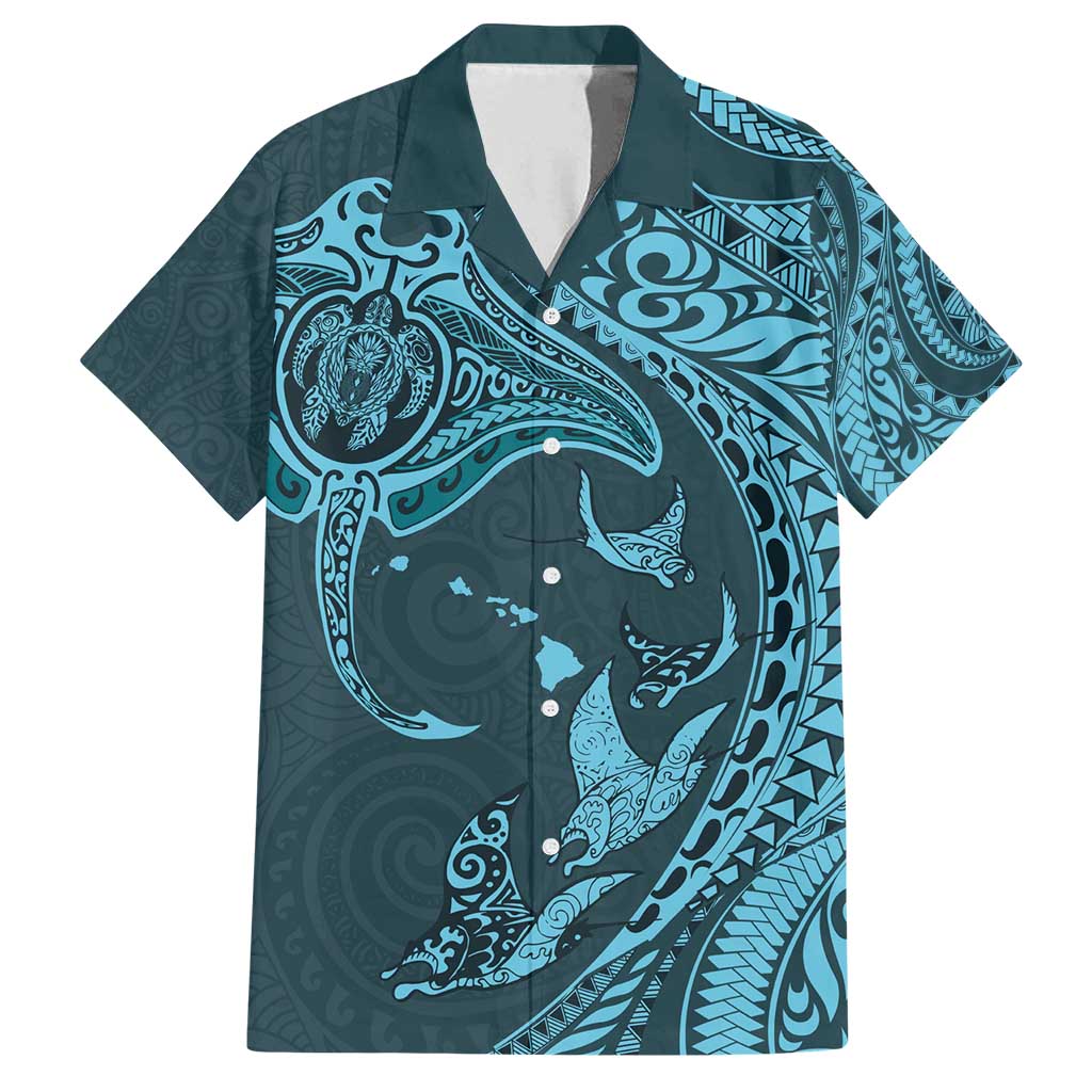 Hawaiian Manta Ray and Polynesian Tribal Tattoo Family Matching Summer Maxi Dress and Hawaiian Shirt Turquoise Color LT03 Dad's Shirt - Short Sleeve Turquoise - Polynesian Pride