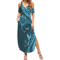Hawaiian Manta Ray and Polynesian Tribal Tattoo Family Matching Summer Maxi Dress and Hawaiian Shirt Turquoise Color LT03 Mom's Dress Turquoise - Polynesian Pride