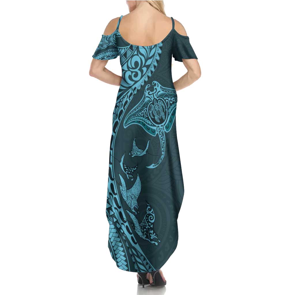 Hawaiian Manta Ray and Polynesian Tribal Tattoo Family Matching Summer Maxi Dress and Hawaiian Shirt Turquoise Color LT03 - Polynesian Pride