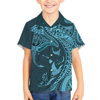 Hawaiian Manta Ray and Polynesian Tribal Tattoo Family Matching Summer Maxi Dress and Hawaiian Shirt Turquoise Color LT03 Son's Shirt Turquoise - Polynesian Pride
