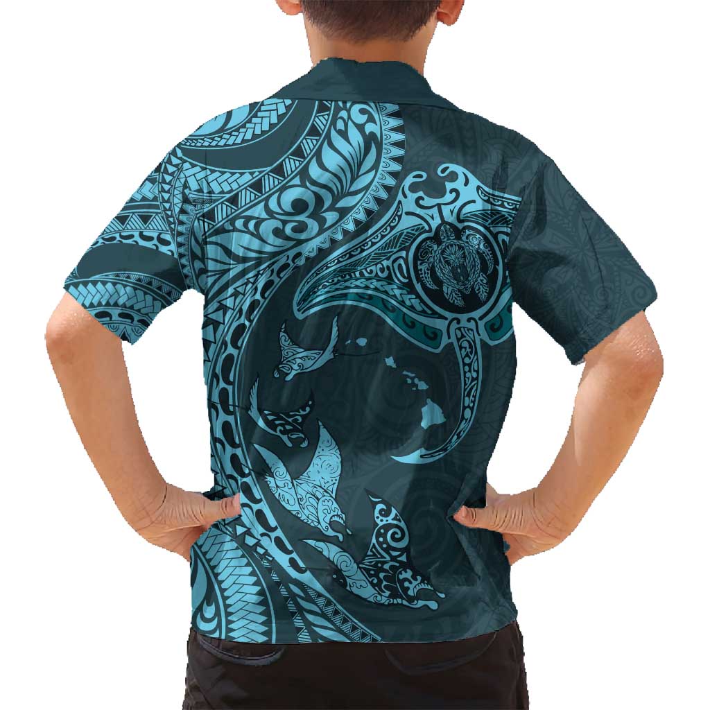 Hawaiian Manta Ray and Polynesian Tribal Tattoo Family Matching Tank Maxi Dress and Hawaiian Shirt Turquoise Color LT03 - Polynesian Pride