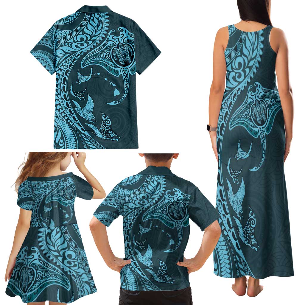 Hawaiian Manta Ray and Polynesian Tribal Tattoo Family Matching Tank Maxi Dress and Hawaiian Shirt Turquoise Color LT03 - Polynesian Pride