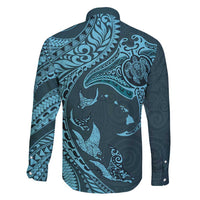 Hawaiian Manta Ray and Polynesian Tribal Tattoo Family Matching Tank Maxi Dress and Hawaiian Shirt Turquoise Color LT03 - Polynesian Pride