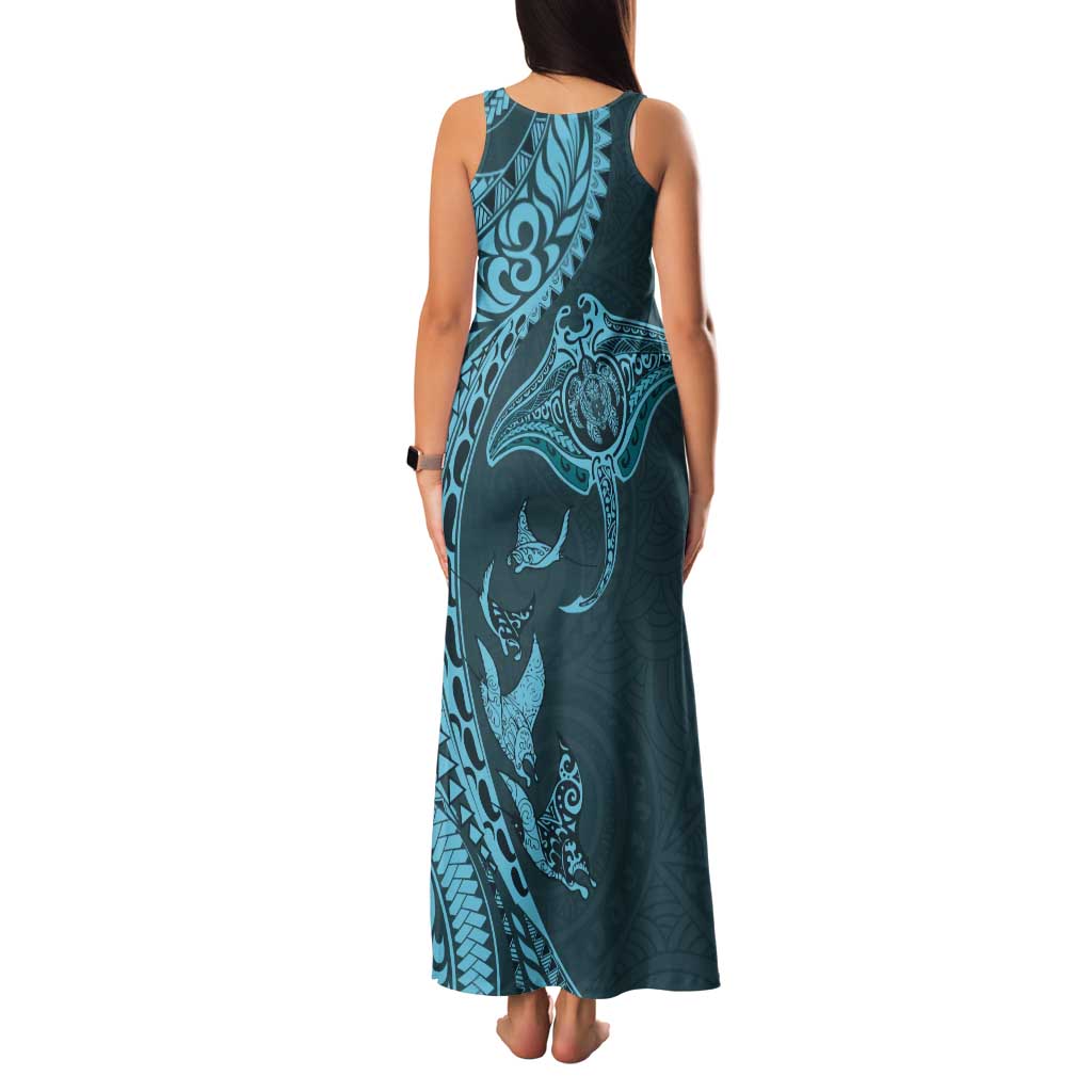 Hawaiian Manta Ray and Polynesian Tribal Tattoo Family Matching Tank Maxi Dress and Hawaiian Shirt Turquoise Color LT03 - Polynesian Pride