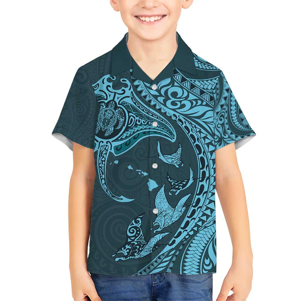 Hawaiian Manta Ray and Polynesian Tribal Tattoo Family Matching Tank Maxi Dress and Hawaiian Shirt Turquoise Color LT03 Son's Shirt Turquoise - Polynesian Pride