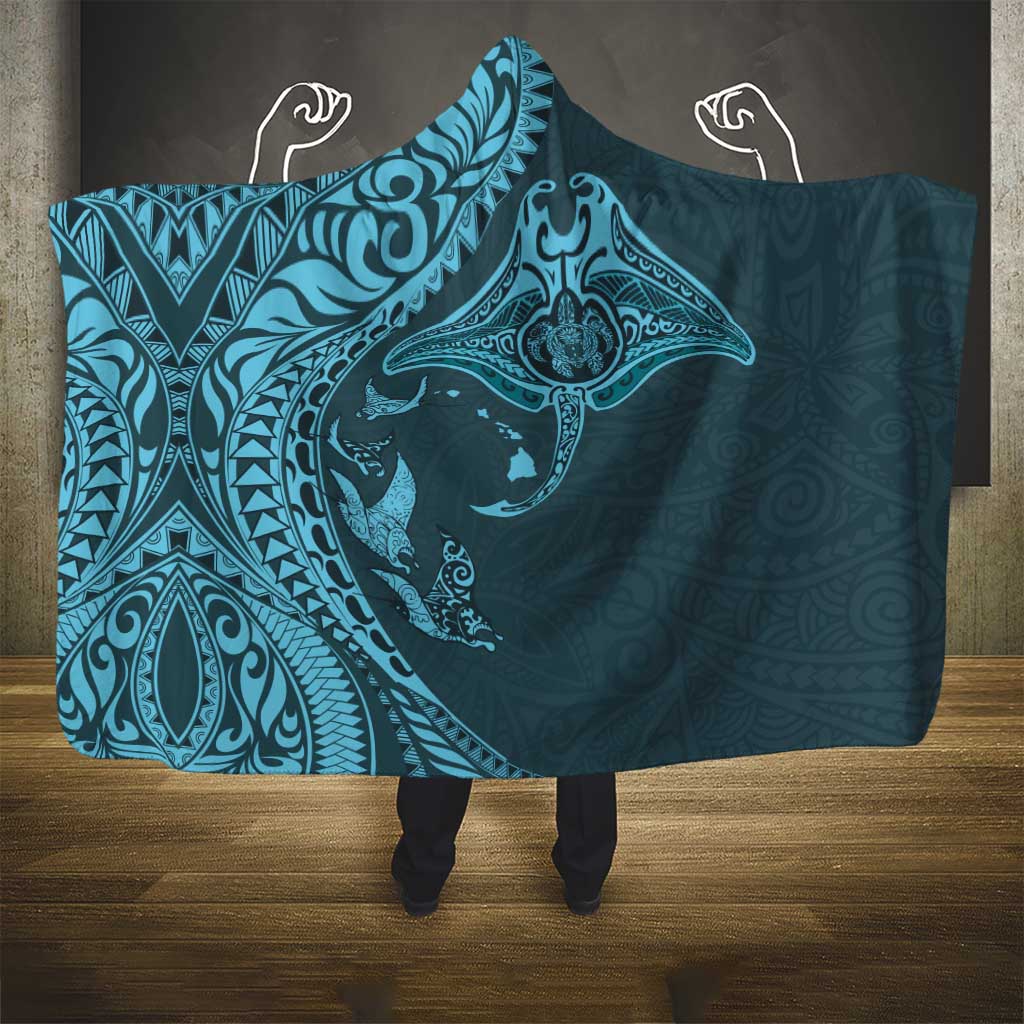 Hawaiian Manta Ray and Polynesian Tribal Tattoo Hooded Blanket Turquoise Color LT03