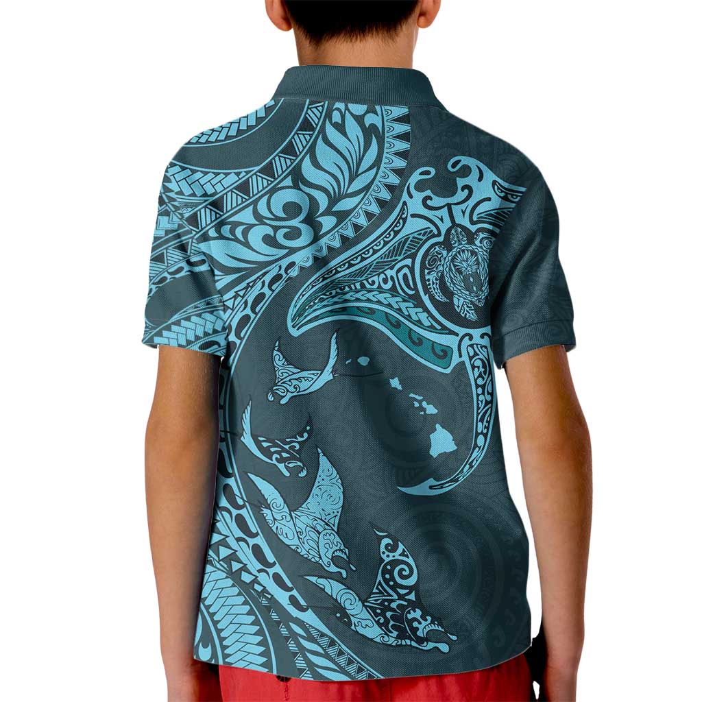 Hawaiian Manta Ray and Polynesian Tribal Tattoo Kid Polo Shirt Turquoise Color LT03