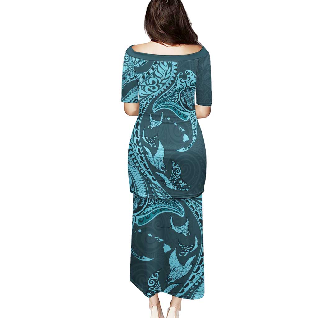 Hawaiian Manta Ray and Polynesian Tribal Tattoo Puletasi Turquoise Color LT03