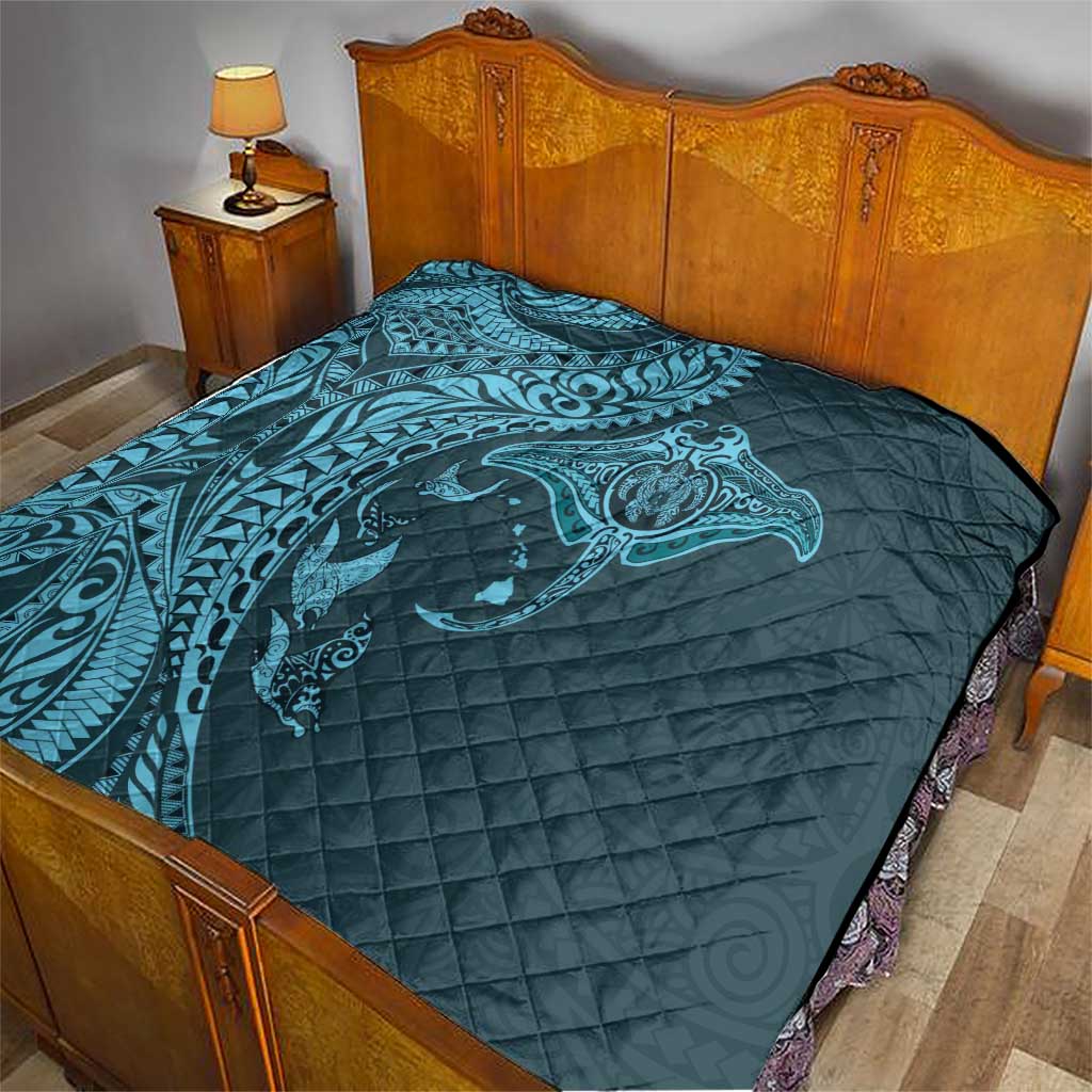 Hawaiian Manta Ray and Polynesian Tribal Tattoo Quilt Turquoise Color LT03 - Polynesian Pride