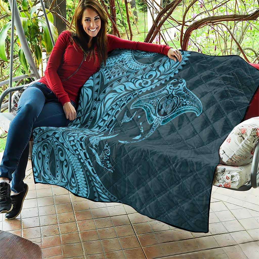 Hawaiian Manta Ray and Polynesian Tribal Tattoo Quilt Turquoise Color LT03 - Polynesian Pride