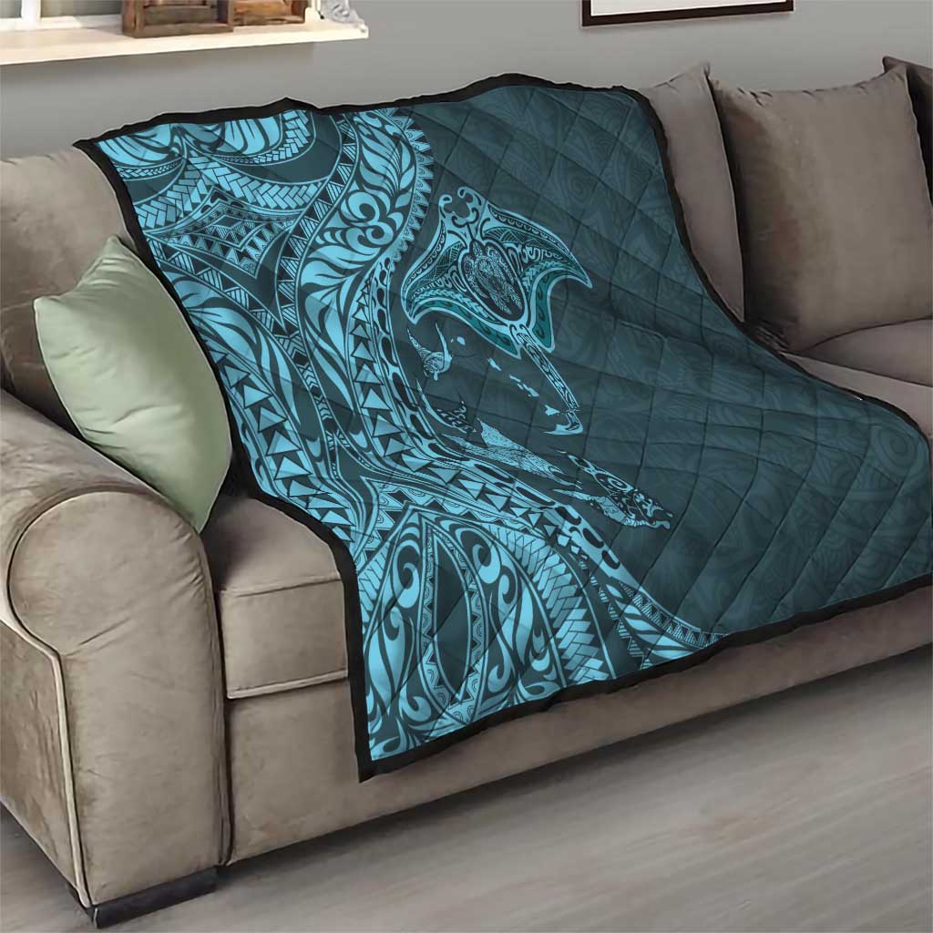 Hawaiian Manta Ray and Polynesian Tribal Tattoo Quilt Turquoise Color LT03 - Polynesian Pride