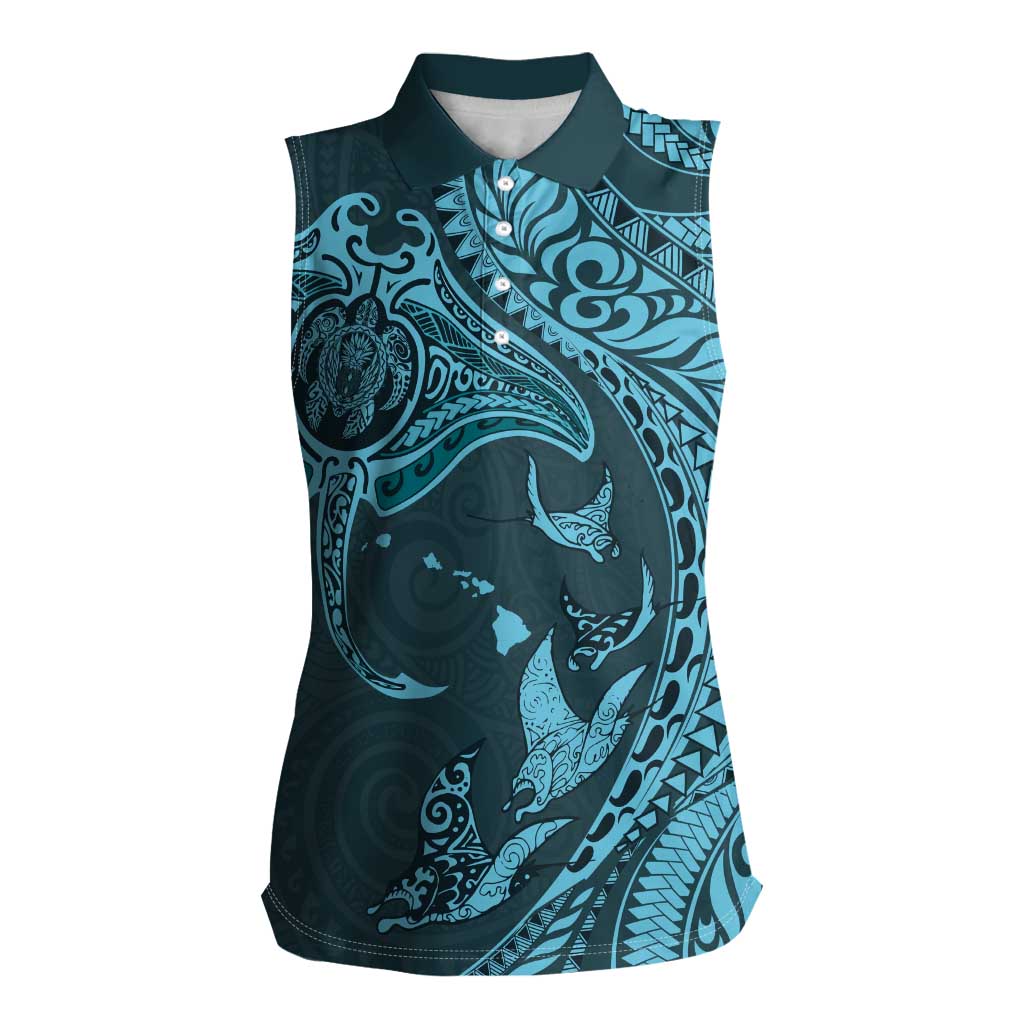 Hawaiian Manta Ray and Polynesian Tribal Tattoo Women Sleeveless Polo Shirt Turquoise Color LT03