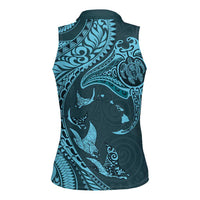 Hawaiian Manta Ray and Polynesian Tribal Tattoo Women Sleeveless Polo Shirt Turquoise Color LT03