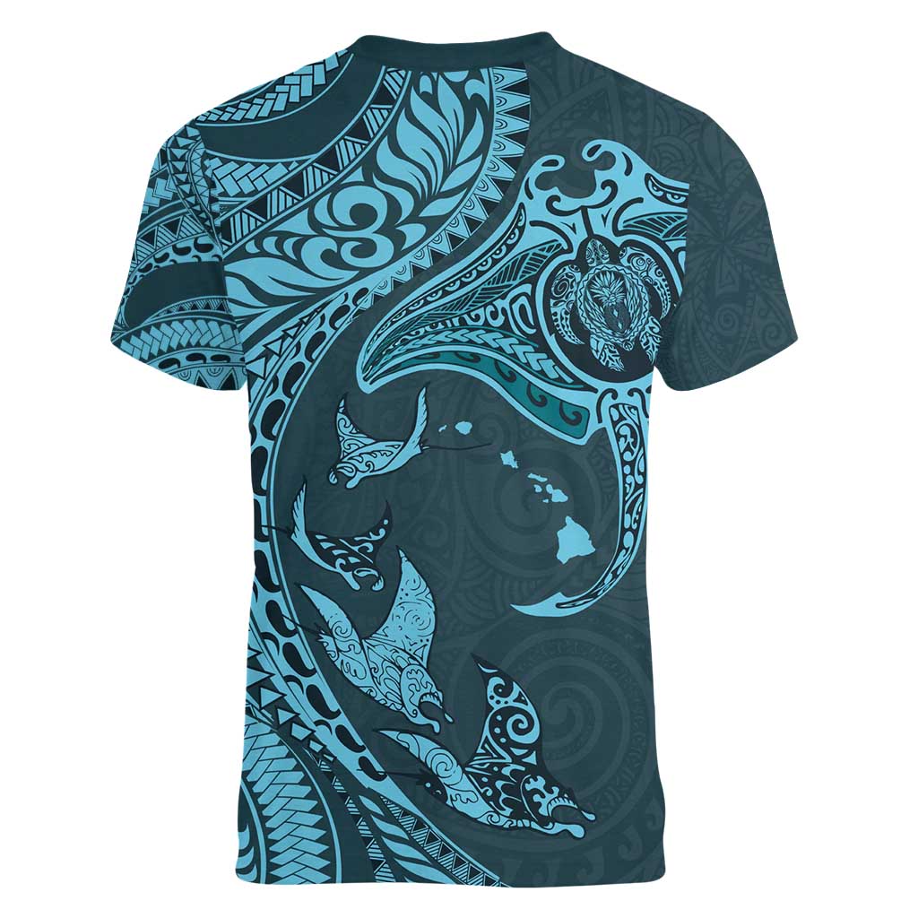Hawaiian Manta Ray and Polynesian Tribal Tattoo Women V-Neck T-Shirt Turquoise Color LT03