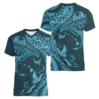 Hawaiian Manta Ray and Polynesian Tribal Tattoo Women V-Neck T-Shirt Turquoise Color LT03