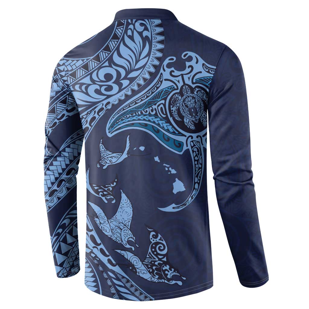 Hawaiian Manta Ray and Polynesian Tribal Tattoo Button Sweatshirt Dark Navy Color LT03